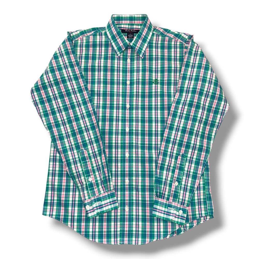 Brooks‎ Brothers Button Down Kids Boys L Green Pink Plaid Non-Iron Cotton Shirt